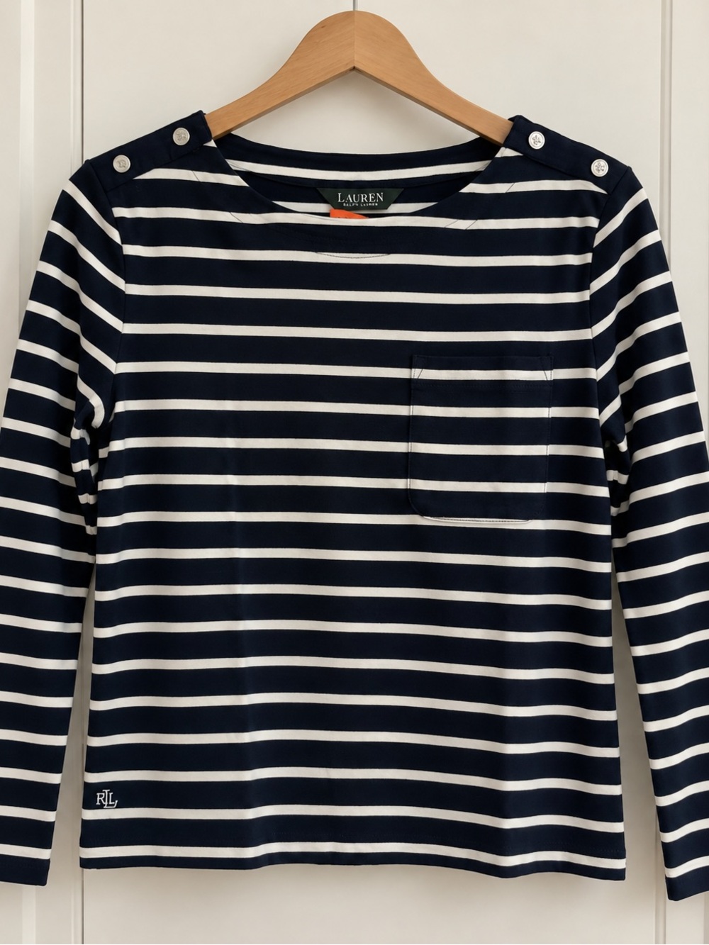 Lauren Ralph Lauren Navy and White Striped Long Sleeve Tee with Shoulder Buttons
